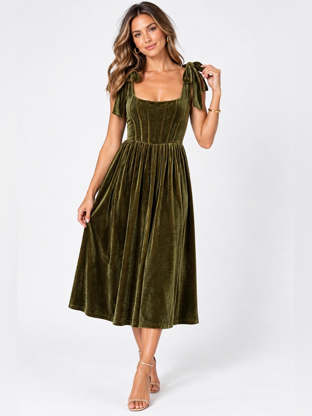 Olive Green Velvet Tie-Shoulder Midi Dress